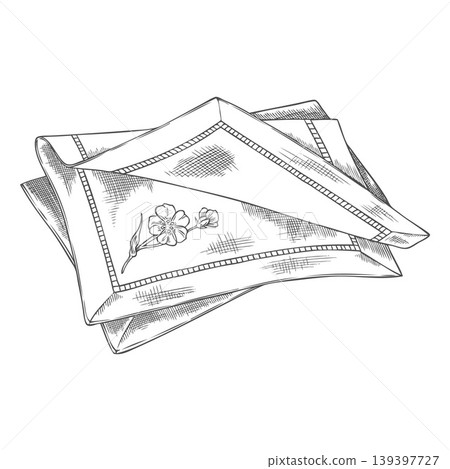 A monochrome sketch of embroidered linen napkins, hand-drawn. 139397727