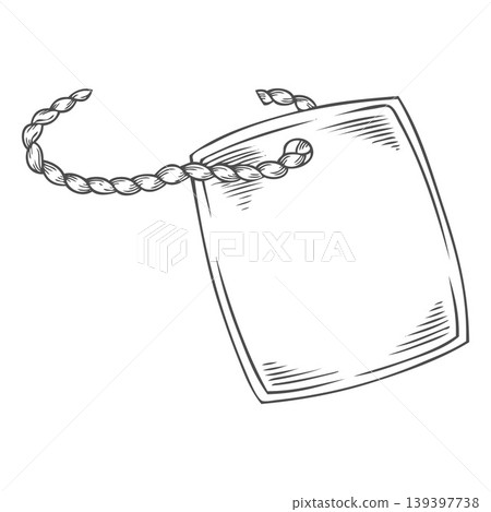 Paper tag on a rope vector sketch, empty blank of price or promotion label, hand drawn engraved packing sticker Paper tag on a rope vector sketch, empty blank of price or promotion label, hand drawn engraved packing sticker 139397738