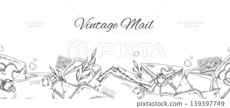 Vintage mail vector engraved hand drawn seamless border design, envelopes, postage stamp and wax seal, letters sketch Vintage mail vector engraved hand drawn seamless border design, envelopes, postage stamp and wax seal, letters sketch 139397749