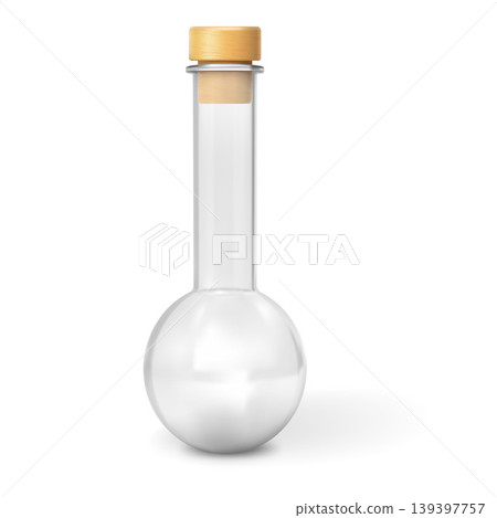 A realistic icon of an empty, round glass flask with a long neck and a wooden stopper. 139397757