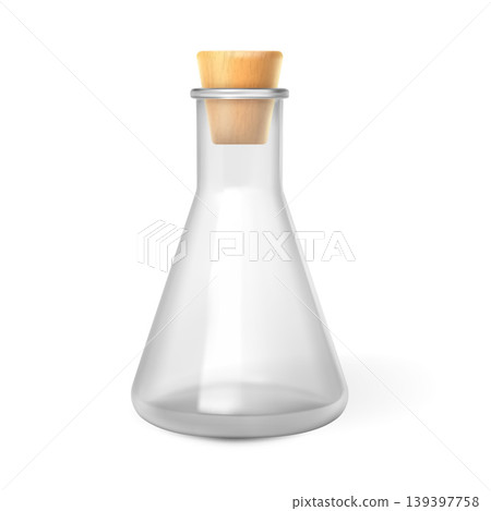 A realistic empty glass Erlenmeyer flask, conical in shape, with a closed wooden stopper. 139397758