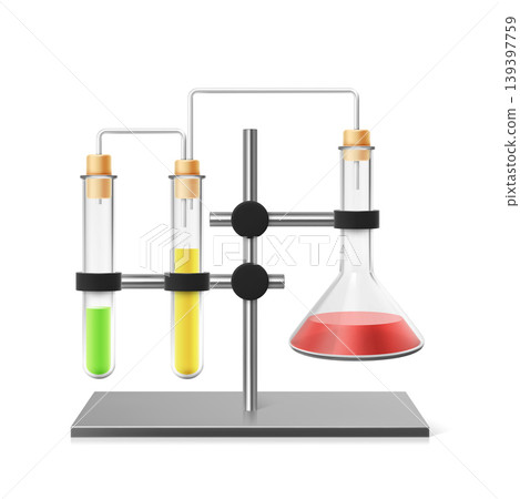 A laboratory setup with a flask and test tubes, stoppers, and multicolored liquids. A laboratory setup with a flask and test tubes, stoppers, and multicolored liquids. 139397759