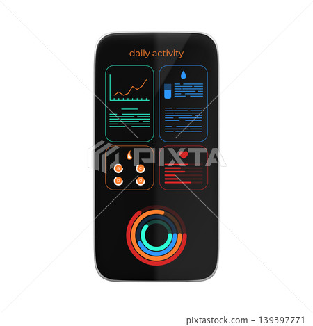 Mobile smartphone with tracking app on the screen, 3d vector fitness dashboard with daily activity, kcal, water, stress 139397771