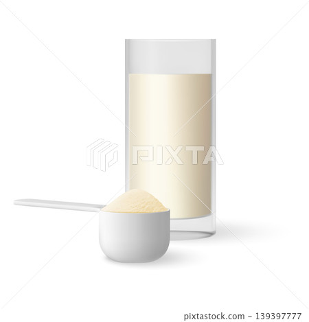 A realistic protein shake cup and white scoop with powder. 139397777