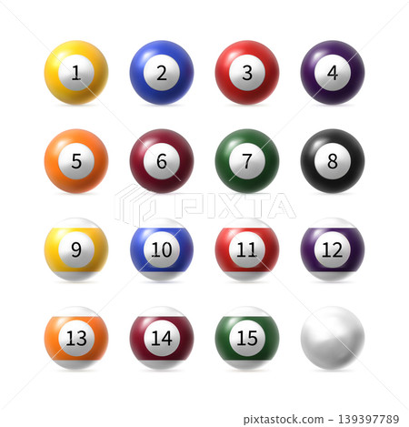 3D Billiard balls with numbers from 1 to 15, realistic mockup vector icons set different colors sports game equipment 3D Billiard balls with numbers from 1 to 15, realistic mockup vector icons set different colors sports game equipment 139397789