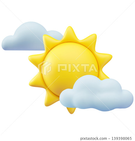 A 3D icon of a bright yellow sun with clouds. Weather forecast. A 3D icon of a bright yellow sun with clouds. Weather forecast. 139398065