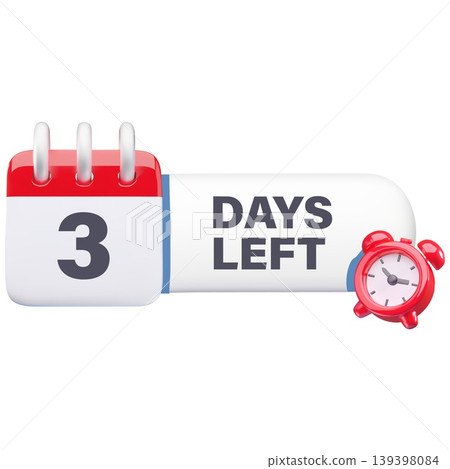 The number 3 on a calendar with a red alarm clock and the caption "Days Remaining." The number 3 on a calendar with a red alarm clock and the caption "Days Remaining." 139398084