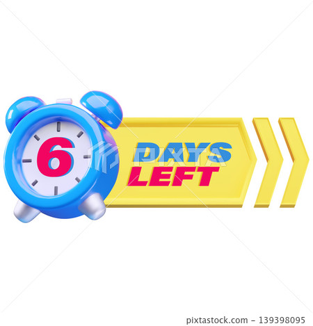 A 3D banner with a blue alarm clock, the number 6, and a yellow arrow with the text "days left." A 3D banner with a blue alarm clock, the number 6, and a yellow arrow with the text "days left." 139398095