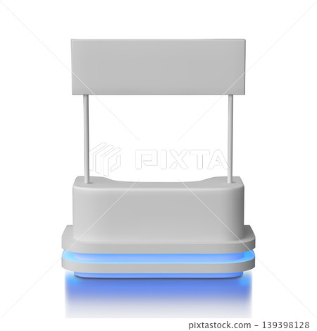 Advertising promo booth stand, service desk, marketing kiosk with signboard, led illumination vector realistic 3D mockup 139398128