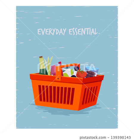 Everyday essential poster vector flat design, shopping cart orange basket with food grocery market products purchases Everyday essential poster vector flat design, shopping cart orange basket with food grocery market products purchases 139398143