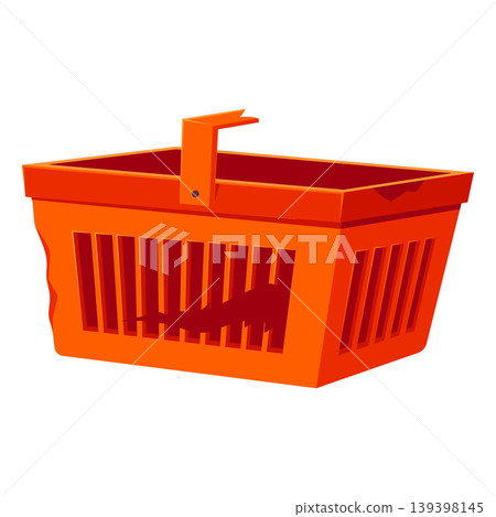 Old orange empty shopping basket flat vector, cartoon grocery market broken plastic box container with damaged handles Old orange empty shopping basket flat vector, cartoon grocery market broken plastic box container with damaged handles 139398145