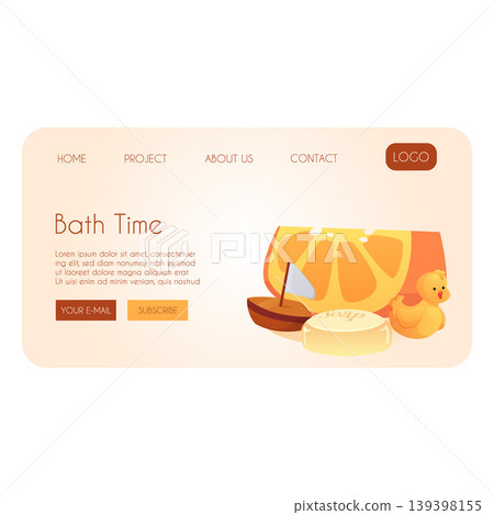 A website page with an orange slice, a boat, a rubber duck, soap, and the words "bath time." A website page with an orange slice, a boat, a rubber duck, soap, and the words "bath time." 139398155