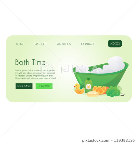 A website layout featuring a green bathtub with bubbles, toys, and baby care products. A website layout featuring a green bathtub with bubbles, toys, and baby care products. 139398156