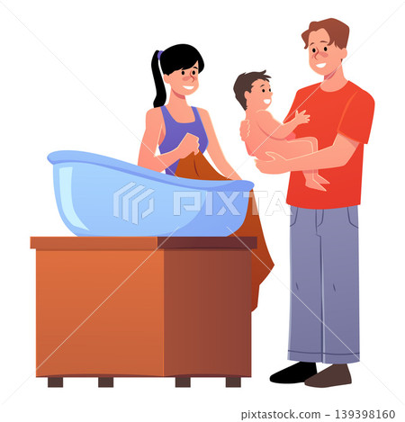 A happy family bathing a baby in a blue bathtub on a wooden table. A happy family bathing a baby in a blue bathtub on a wooden table. 139398160
