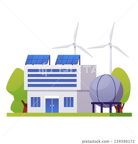 Sustainable smart green factory building, vector industrial plant featuring wind turbines and solar panels clean energy Sustainable smart green factory building, vector industrial plant featuring wind turbines and solar panels clean energy 139398172