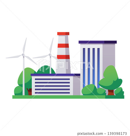 Sustainable smart green factory building vector flat illustration, industrial plant featuring wind turbines clean energy Sustainable smart green factory building vector flat illustration, industrial plant featuring wind turbines clean energy 139398173