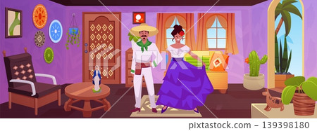 Mexican house interior, vector flat woman and man in national clothes, Spanish room with retro furniture, rustic carpet Mexican house interior, vector flat woman and man in national clothes, Spanish room with retro furniture, rustic carpet 139398180