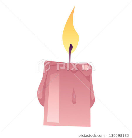Burning pink wax candle with melted drops, wick, and flame. Burning pink wax candle with melted drops, wick, and flame. 139398183