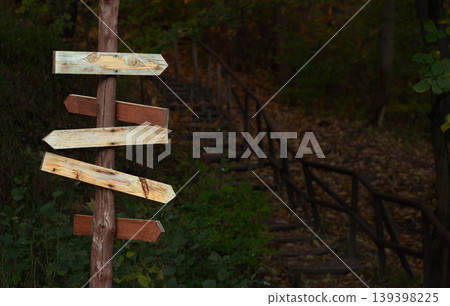 Rustic wooden signpost with multiple arrows pointing in different directions in a forest Rustic wooden signpost with multiple arrows pointing in different directions in a forest 139398225