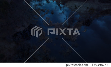Aerial view of a dark and mysterious swampy landscape with trees and water 139398245