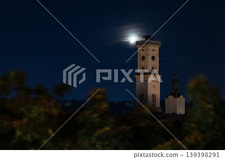 European city hall tower night crescent moon long exposure travel Ukraine photography European city hall tower night crescent moon long exposure travel Ukraine photography 139398291