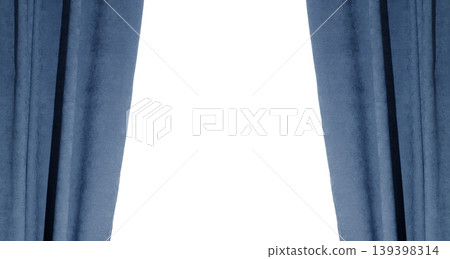 Symmetrical blue velvet curtains parted to reveal a bright white empty space for copy 139398314