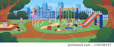 Children's playground with sandbox, slide, swing in city park vector flat illustration, summer activity zone with kids Children's playground with sandbox, slide, swing in city park vector flat illustration, summer activity zone with kids 139398347