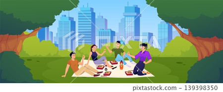 Picnic on green lawn of the City Park, people eat Asian fast food with chopsticks vector flat illustration, public area Picnic on green lawn of the City Park, people eat Asian fast food with chopsticks vector flat illustration, public area 139398350