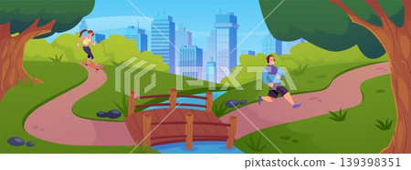 City park with river and wooden bridge and sport athlete characters, vector flat street workout at summer day cityscape City park with river and wooden bridge and sport athlete characters, vector flat street workout at summer day cityscape 139398351