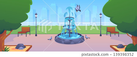 Landscape with a summer city park, fountain, pigeons, trees, benches, and buildings. 139398352