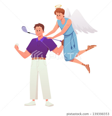 Sportsman playing golf, golfer holding club and ball with angel guardian behind back, heavenly patron vector flat Sportsman playing golf, golfer holding club and ball with angel guardian behind back, heavenly patron vector flat 139398353