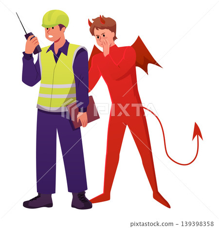 A devil in a red suit whispers to a worker in a hard hat, overalls, and a walkie-talkie. A devil in a red suit whispers to a worker in a hard hat, overalls, and a walkie-talkie. 139398358