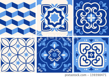 Traditional Azulejo Portuguese tile patterns collection. Ornamental Mediterranean ceramic set 139398471