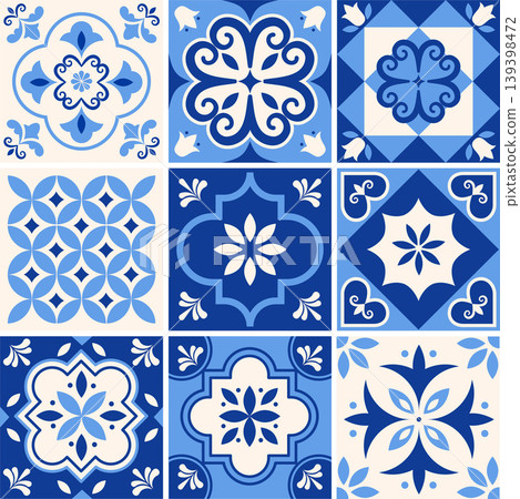 Traditional Azulejo Portuguese tile patterns collection. Ornamental Mediterranean ceramic set 139398472