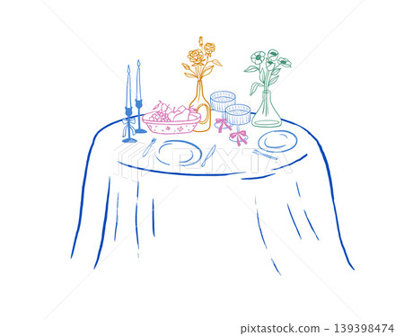 Vintage hand drawn festive dining table line art illustration for wedding, anniversary Christmas and Vintage hand drawn festive dining table line art illustration for wedding, anniversary Christmas and 139398474