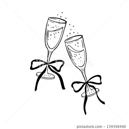 Two vintage hand drawn champagne glasses with coquette bow line art illustration for wedding Two vintage hand drawn champagne glasses with coquette bow line art illustration for wedding 139398480