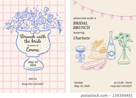 Hand drawn bridal shower and brunch invitation. Wedding template with vintage girlie doodles and 139398481