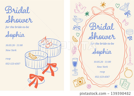 Hand drawn bridal shower and wedding invitation template with vintage girlie doodles and retro Hand drawn bridal shower and wedding invitation template with vintage girlie doodles and retro 139398482