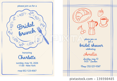 Hand drawn bridal shower and brunch invitation. Wedding template with vintage girlie doodles and Hand drawn bridal shower and brunch invitation. Wedding template with vintage girlie doodles and 139398485