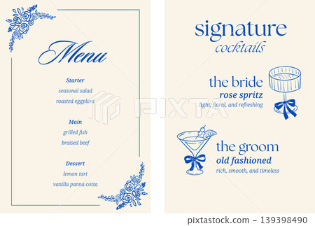 Hand drawn wedding menu template with vintage girlie doodles and retro cocktail line art Hand drawn wedding menu template with vintage girlie doodles and retro cocktail line art 139398490