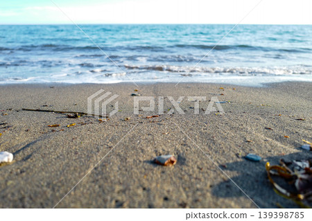 Where the land meets the sea, small waves reaching the shore showing sand, sea-weed, bubbles of foam on the tide line 139398785