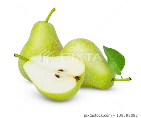 Isolated pear. Two pears with green leaf and a half of green pear fruit isolated on white background. Isolated pear. Two pears with green leaf and a half of green pear fruit isolated on white background. 139398888