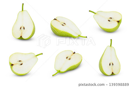 Isolated cut in half of green pear fruits. Collection of green pear halves in different poses isolated on white background. Isolated cut in half of green pear fruits. Collection of green pear halves in different poses isolated on white background. 139398889