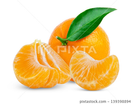 Ripe tangerine or clementine fruits with leaf. Fresh mandarin fruit with peeled clementine and green leaves on white background. Ripe tangerine or clementine fruits with leaf. Fresh mandarin fruit with peeled clementine and green leaves on white background. 139398894