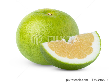 Citrus sweetie fruit and cut in a slice of pomelit, pomelo or Oroblanco citrus fruit isolated. Green citrus fruits with clipping path. 139398895