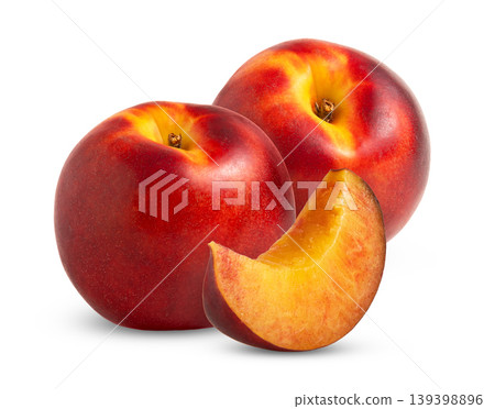 Two red nectarine peaches and slice of nectarine isolated. Isol nectarine peach. Two red nectarine peaches and slice of nectarine isolated. Isol nectarine peach. 139398896