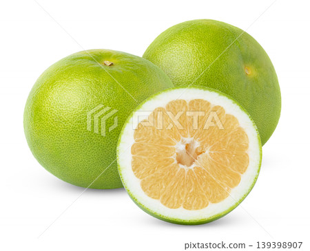Grapefruit sweetie fruits - whole sweetie fruit and half of sweetie fruit isolated. Green pomelo, pomelit, oroblanco citrus fruits and slice of pomelit isolated. Grapefruit sweetie fruits - whole sweetie fruit and half of sweetie fruit isolated. Green pomelo, pomelit, oroblanco citrus fruits and slice of pomelit isolated. 139398907