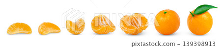 Set of ripe tangerines, whole, peeled, without peel, segment of mandarin, half of clementine, slices isolated on a white background. Mandarin with leaf. 139398913