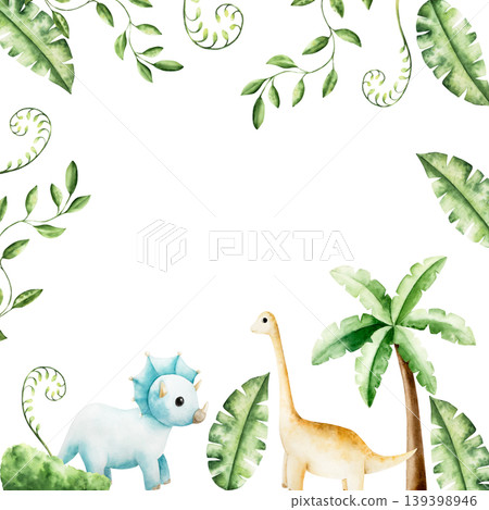 Cute frame with dinosaur in tropical leaves and palm tree. Watercolor hand drawn, prehistoric diplodocus, Brachiosaurus animal. Isolated illustration on transparent background. Perfect for for nursery Cute frame with dinosaur in tropical leaves and palm tree. Watercolor hand drawn, prehistoric diplodocus, Brachiosaurus animal. Isolated illustration on transparent background. Perfect for for nursery 139398946