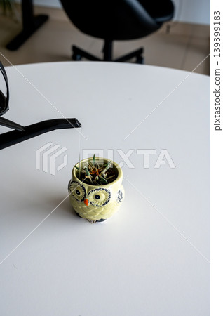 Mini owl vase. Serene indoor setting featuring ceramic owl and dried plant arrangement Mini owl vase. Serene indoor setting featuring ceramic owl and dried plant arrangement 139399183
